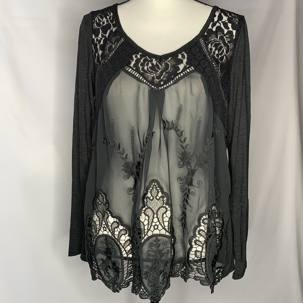 Sheer Lace Front Long Sleeve Top